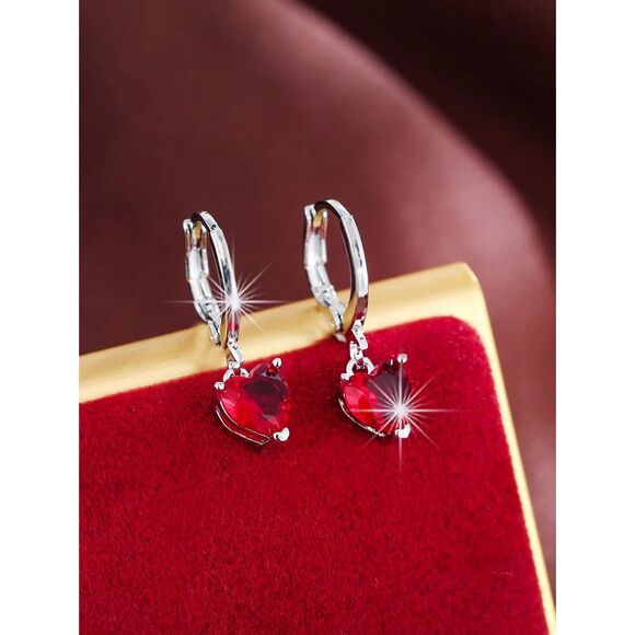 Ruby Red Heart Cubic Zirconia Silver Pendant Drop Earrings Dangle Leverback Love - Picture 1 of 5